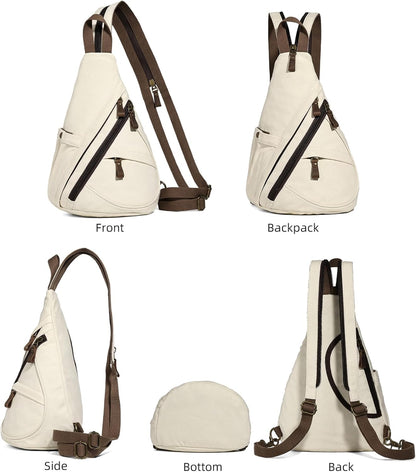 Canvas Sling Bag - Small Crossbody Backpack Shoulder Casual Daypack Rucksack for Men Women(Large Version,Khaki)