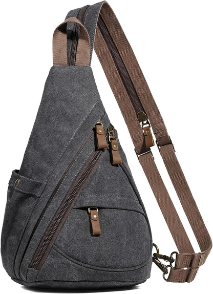 Canvas Sling Bag - Small Crossbody Backpack Shoulder Casual Daypack Rucksack for Men Women(Large Version,Khaki)