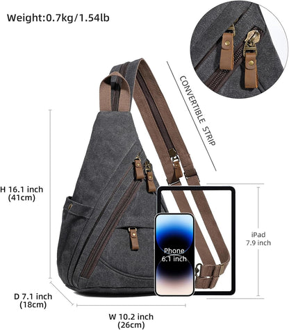 Canvas Sling Bag - Small Crossbody Backpack Shoulder Casual Daypack Rucksack for Men Women(Large Version,Khaki)