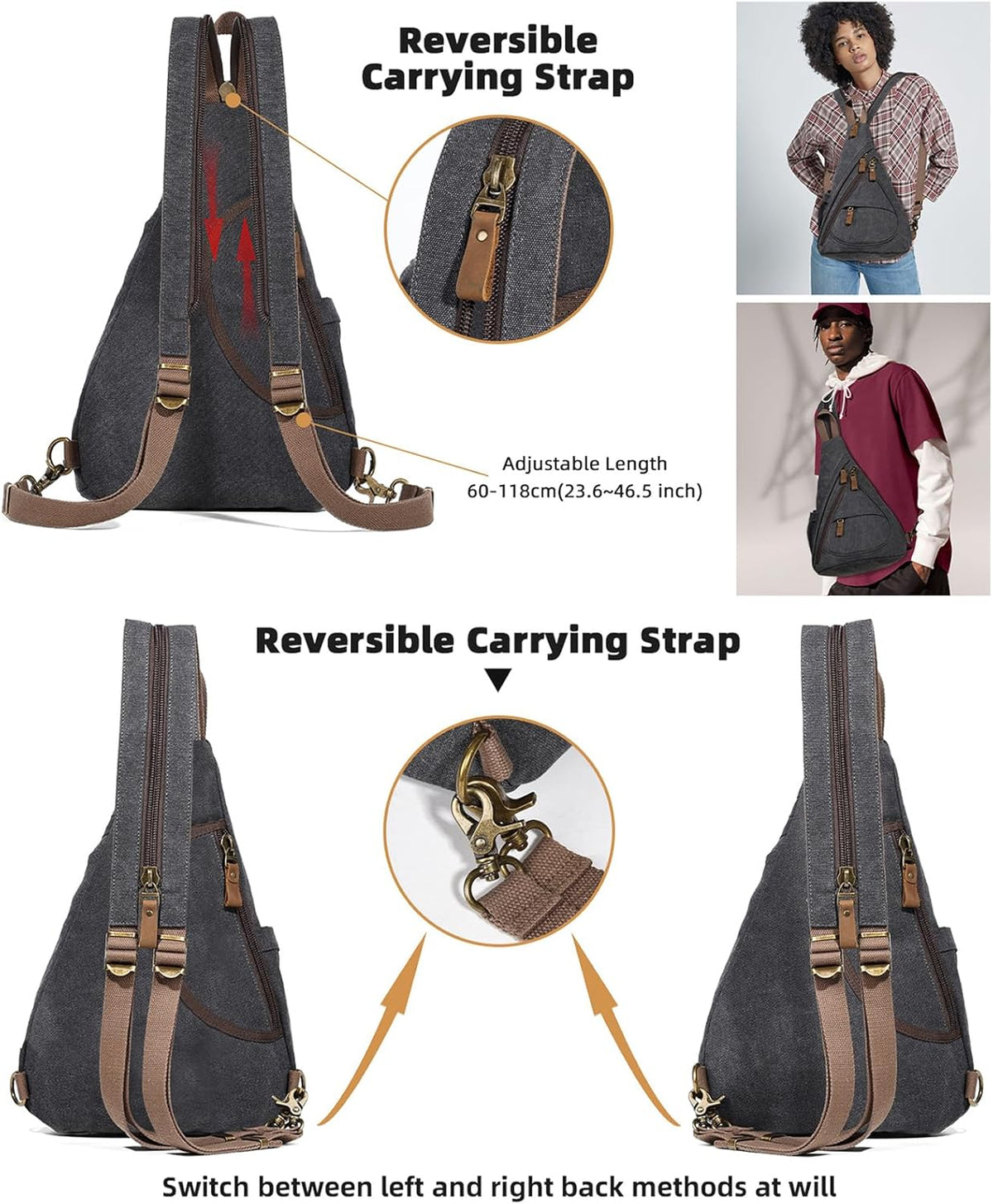 Canvas Sling Bag - Small Crossbody Backpack Shoulder Casual Daypack Rucksack for Men Women(Large Version,Khaki)