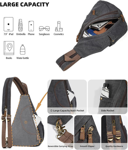 Canvas Sling Bag - Small Crossbody Backpack Shoulder Casual Daypack Rucksack for Men Women(Large Version,Khaki)