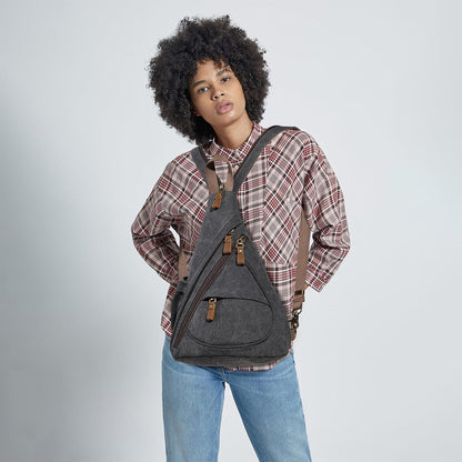 Canvas Sling Bag - Small Crossbody Backpack Shoulder Casual Daypack Rucksack for Men Women(Large Version,Khaki)