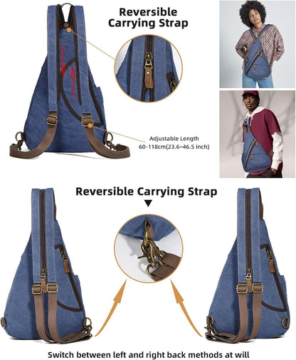 Canvas Sling Bag - Small Crossbody Backpack Shoulder Casual Daypack Rucksack for Men Women(Large Version,Khaki)