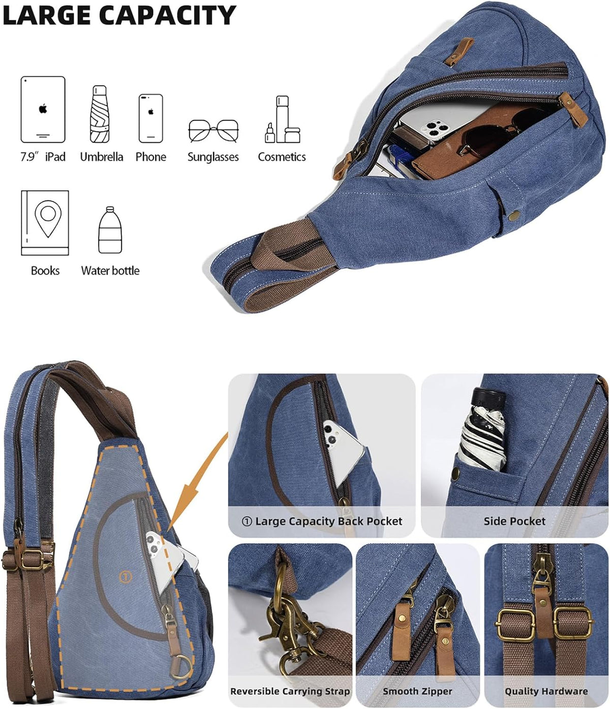 Canvas Sling Bag - Small Crossbody Backpack Shoulder Casual Daypack Rucksack for Men Women(Large Version,Khaki)