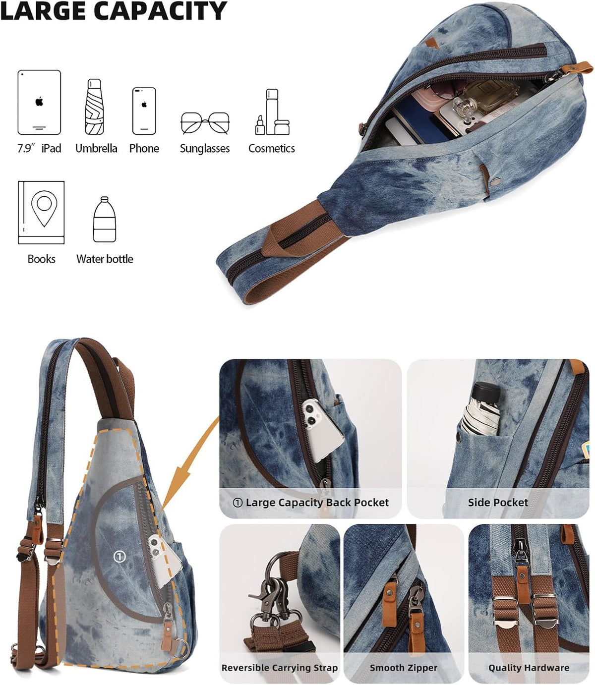 Canvas Sling Bag - Small Crossbody Backpack Shoulder Casual Daypack Rucksack for Men Women(Large Version,Khaki)