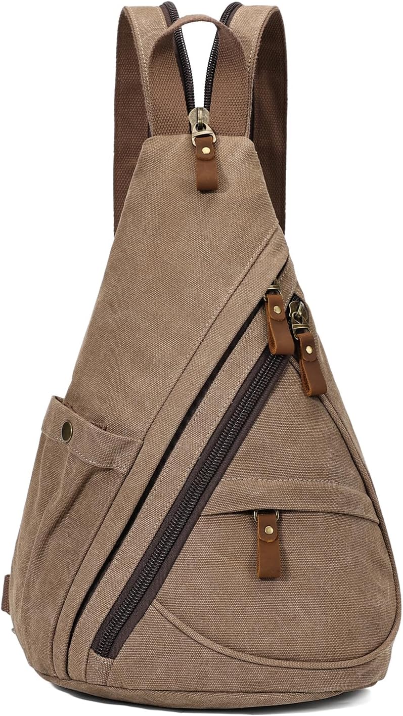 Canvas Sling Bag - Small Crossbody Backpack Shoulder Casual Daypack Rucksack for Men Women(Large Version,Khaki)
