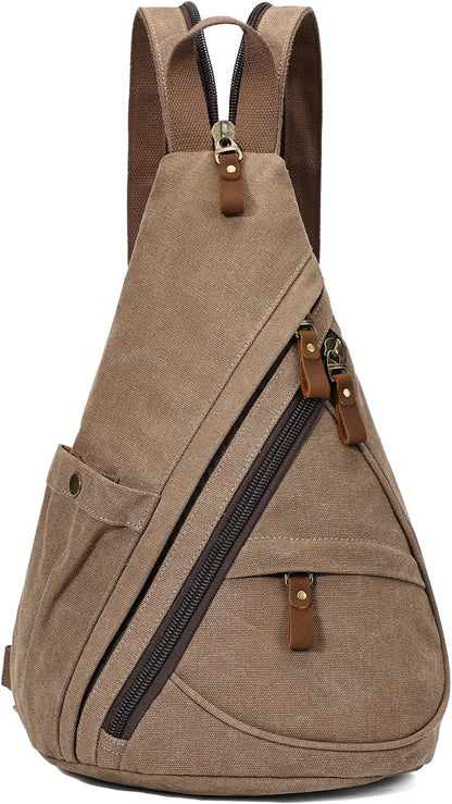 Canvas Sling Bag - Small Crossbody Backpack Shoulder Casual Daypack Rucksack for Men Women(Large Version,Khaki)