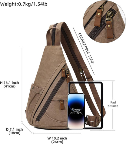 Canvas Sling Bag - Small Crossbody Backpack Shoulder Casual Daypack Rucksack for Men Women(Large Version,Khaki)