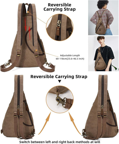 Canvas Sling Bag - Small Crossbody Backpack Shoulder Casual Daypack Rucksack for Men Women(Large Version,Khaki)