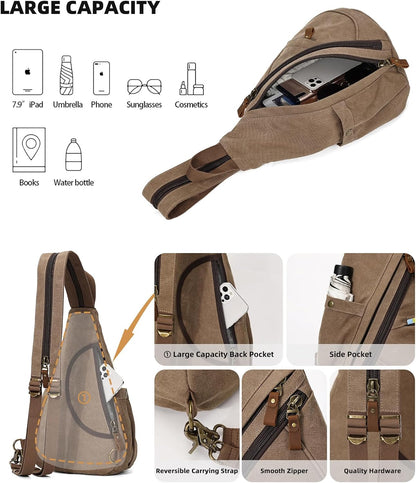 Canvas Sling Bag - Small Crossbody Backpack Shoulder Casual Daypack Rucksack for Men Women(Large Version,Khaki)
