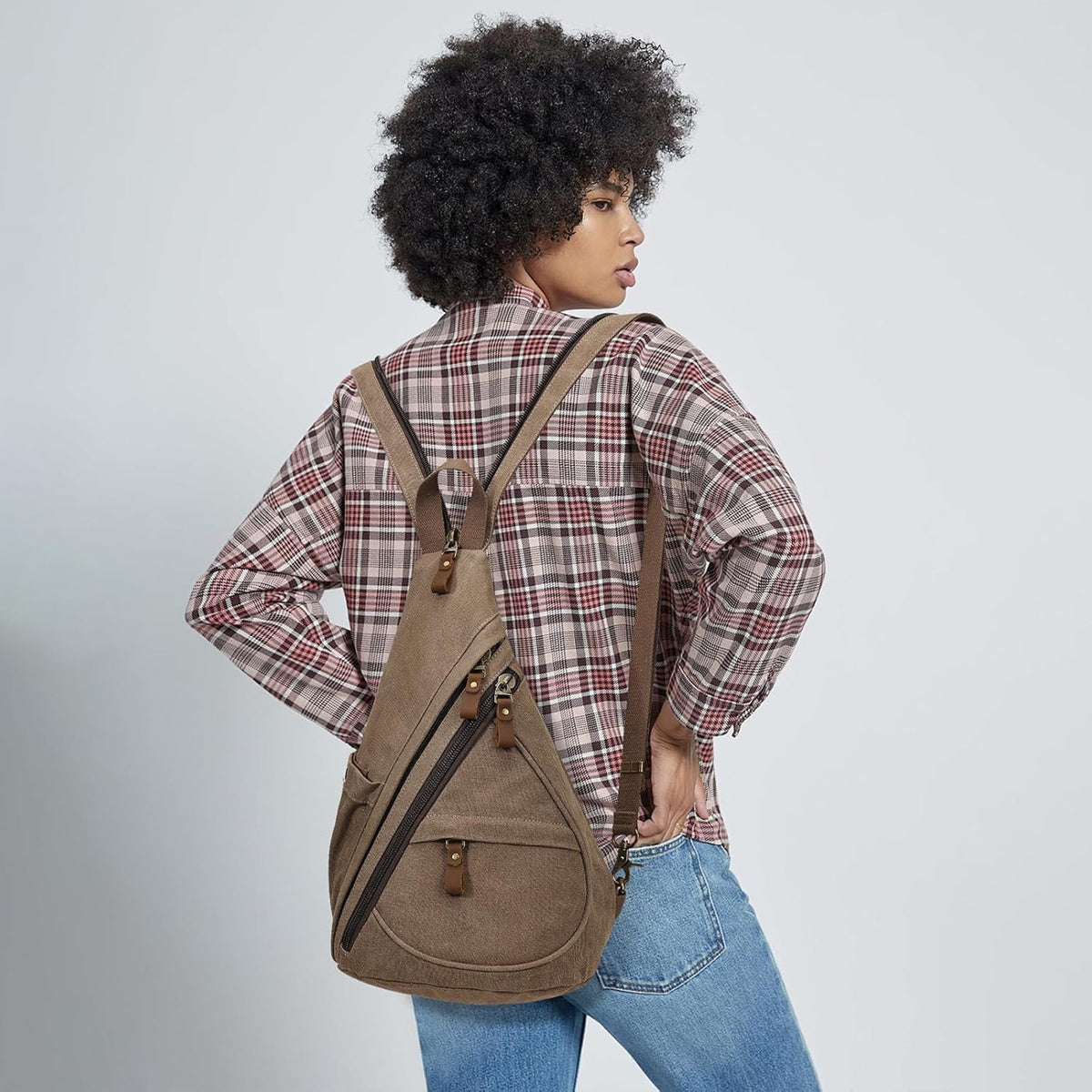 Canvas Sling Bag - Small Crossbody Backpack Shoulder Casual Daypack Rucksack for Men Women(Large Version,Khaki)
