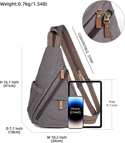 Canvas Sling Bag - Small Crossbody Backpack Shoulder Casual Daypack Rucksack for Men Women(Large Version,Khaki)