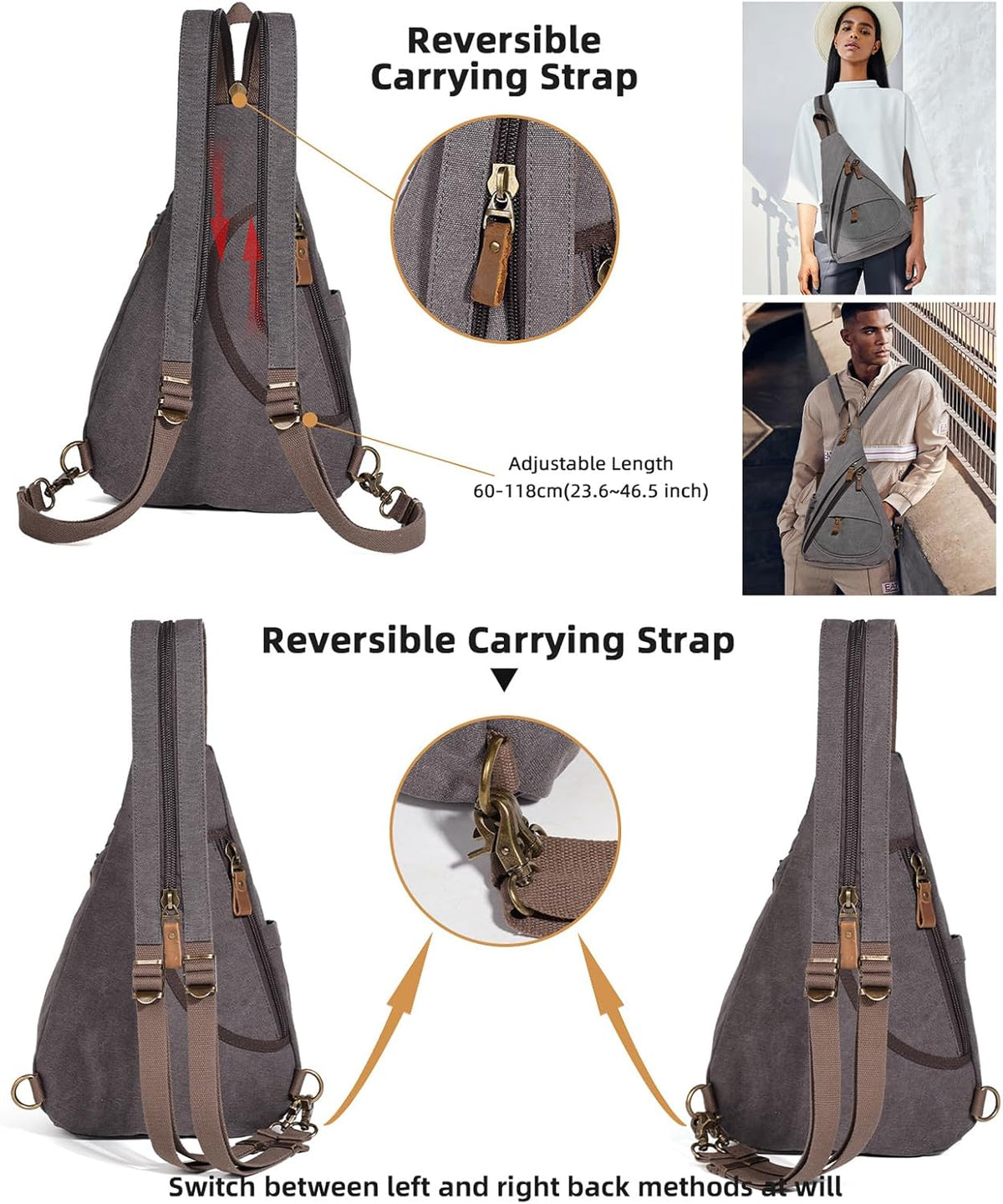 Canvas Sling Bag - Small Crossbody Backpack Shoulder Casual Daypack Rucksack for Men Women(Large Version,Khaki)