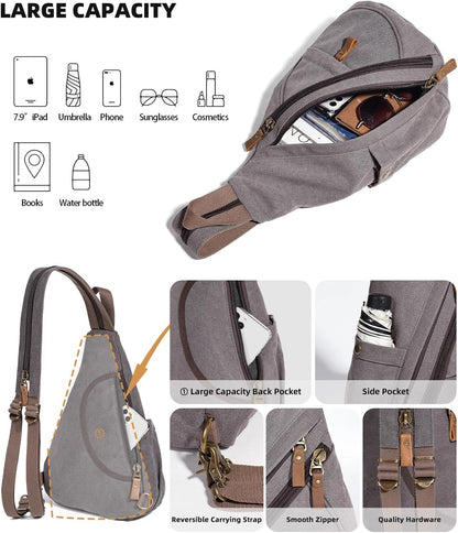 Canvas Sling Bag - Small Crossbody Backpack Shoulder Casual Daypack Rucksack for Men Women(Large Version,Khaki)
