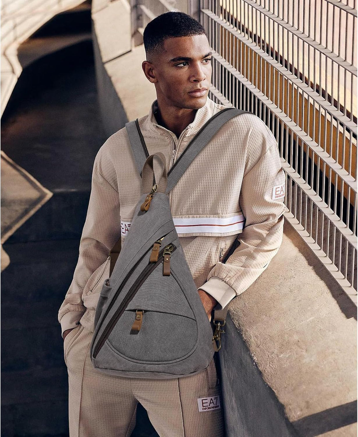 Canvas Sling Bag - Small Crossbody Backpack Shoulder Casual Daypack Rucksack for Men Women(Large Version,Khaki)