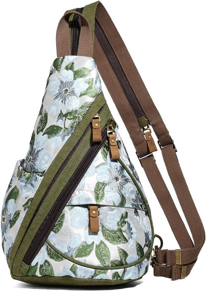 Canvas Sling Bag - Small Crossbody Backpack Shoulder Casual Daypack Rucksack for Men Women(Large Version,Khaki)