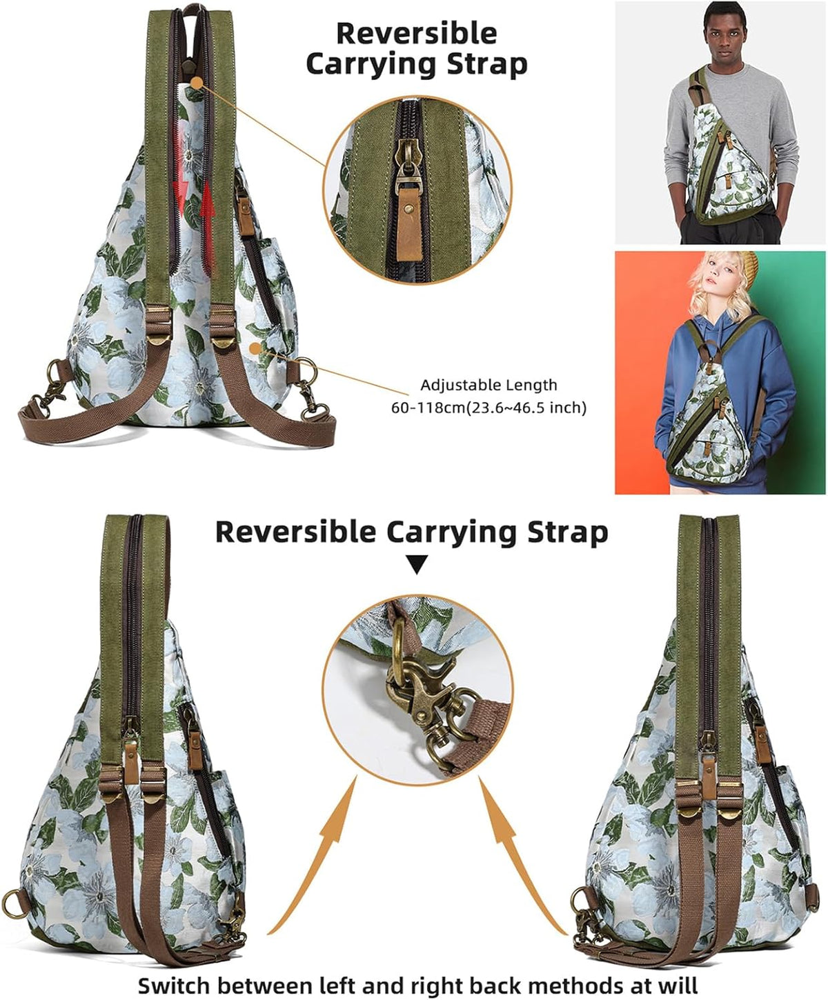 Canvas Sling Bag - Small Crossbody Backpack Shoulder Casual Daypack Rucksack for Men Women(Large Version,Khaki)