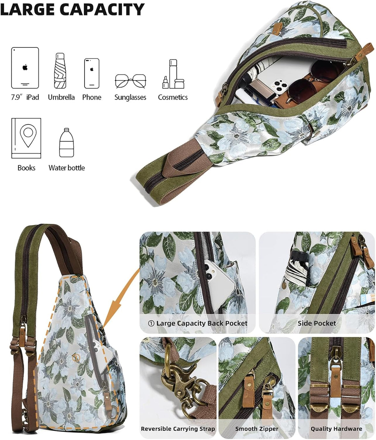 Canvas Sling Bag - Small Crossbody Backpack Shoulder Casual Daypack Rucksack for Men Women(Large Version,Khaki)