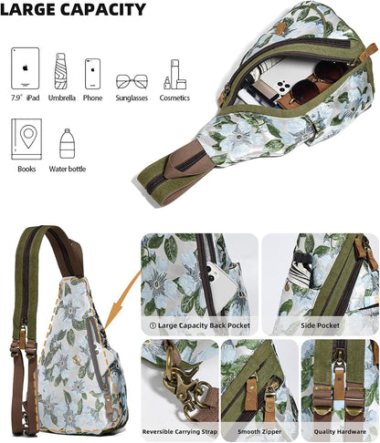 Canvas Sling Bag - Small Crossbody Backpack Shoulder Casual Daypack Rucksack for Men Women(Large Version,Khaki)