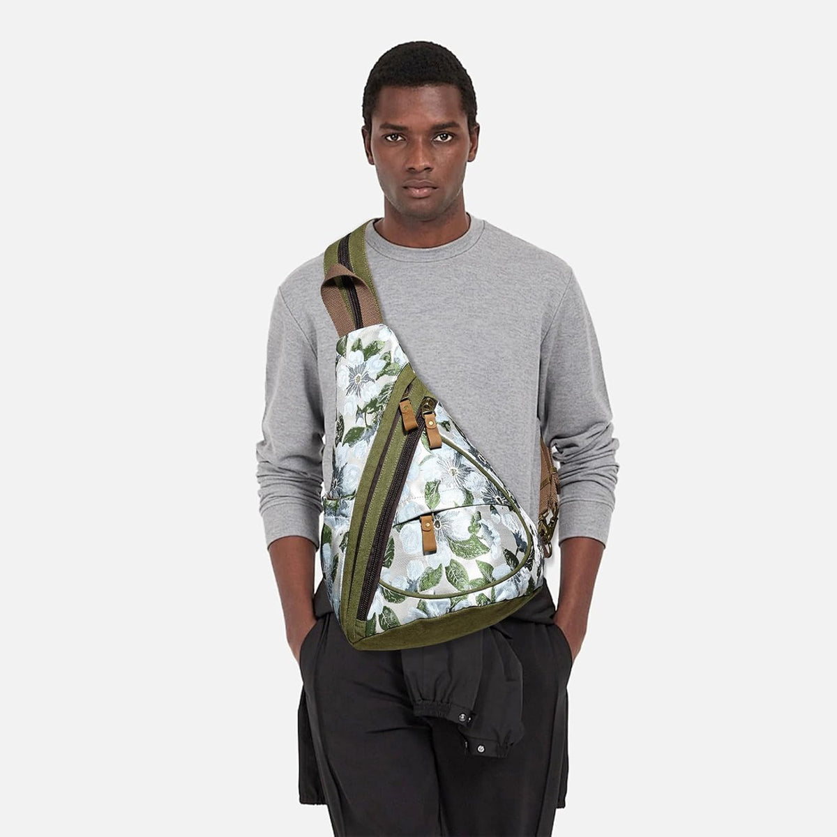 Canvas Sling Bag - Small Crossbody Backpack Shoulder Casual Daypack Rucksack for Men Women(Large Version,Khaki)