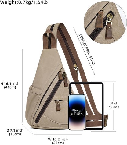 Canvas Sling Bag - Small Crossbody Backpack Shoulder Casual Daypack Rucksack for Men Women(Large Version,Khaki)