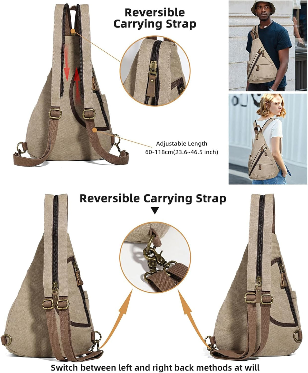 Canvas Sling Bag - Small Crossbody Backpack Shoulder Casual Daypack Rucksack for Men Women(Large Version,Khaki)
