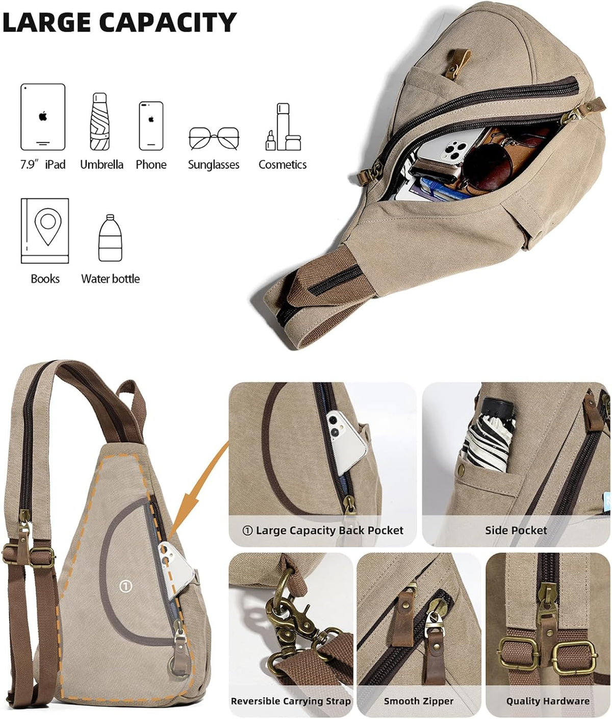 Canvas Sling Bag - Small Crossbody Backpack Shoulder Casual Daypack Rucksack for Men Women(Large Version,Khaki)