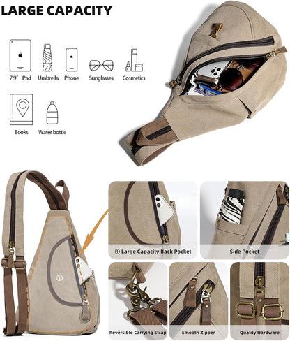 Canvas Sling Bag - Small Crossbody Backpack Shoulder Casual Daypack Rucksack for Men Women(Large Version,Khaki)
