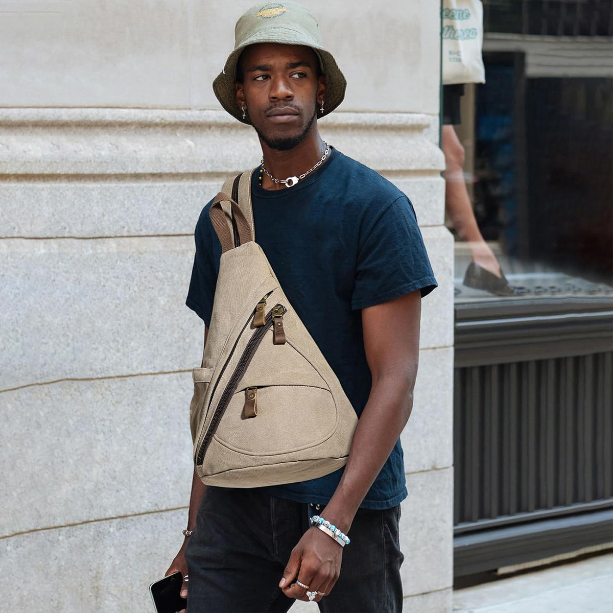 Canvas Sling Bag - Small Crossbody Backpack Shoulder Casual Daypack Rucksack for Men Women(Large Version,Khaki)