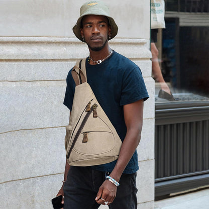 Canvas Sling Bag - Small Crossbody Backpack Shoulder Casual Daypack Rucksack for Men Women(Large Version,Khaki)