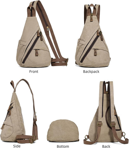 Canvas Sling Bag - Small Crossbody Backpack Shoulder Casual Daypack Rucksack for Men Women(Large Version,Khaki)