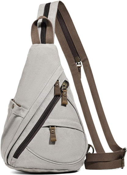 Canvas Sling Bag - Small Crossbody Backpack Shoulder Casual Daypack Rucksack for Men Women(Large Version,Khaki)