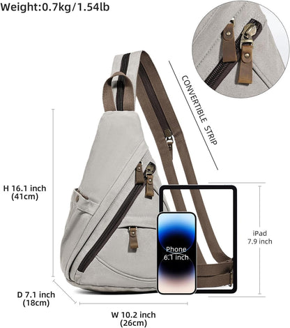 Canvas Sling Bag - Small Crossbody Backpack Shoulder Casual Daypack Rucksack for Men Women(Large Version,Khaki)