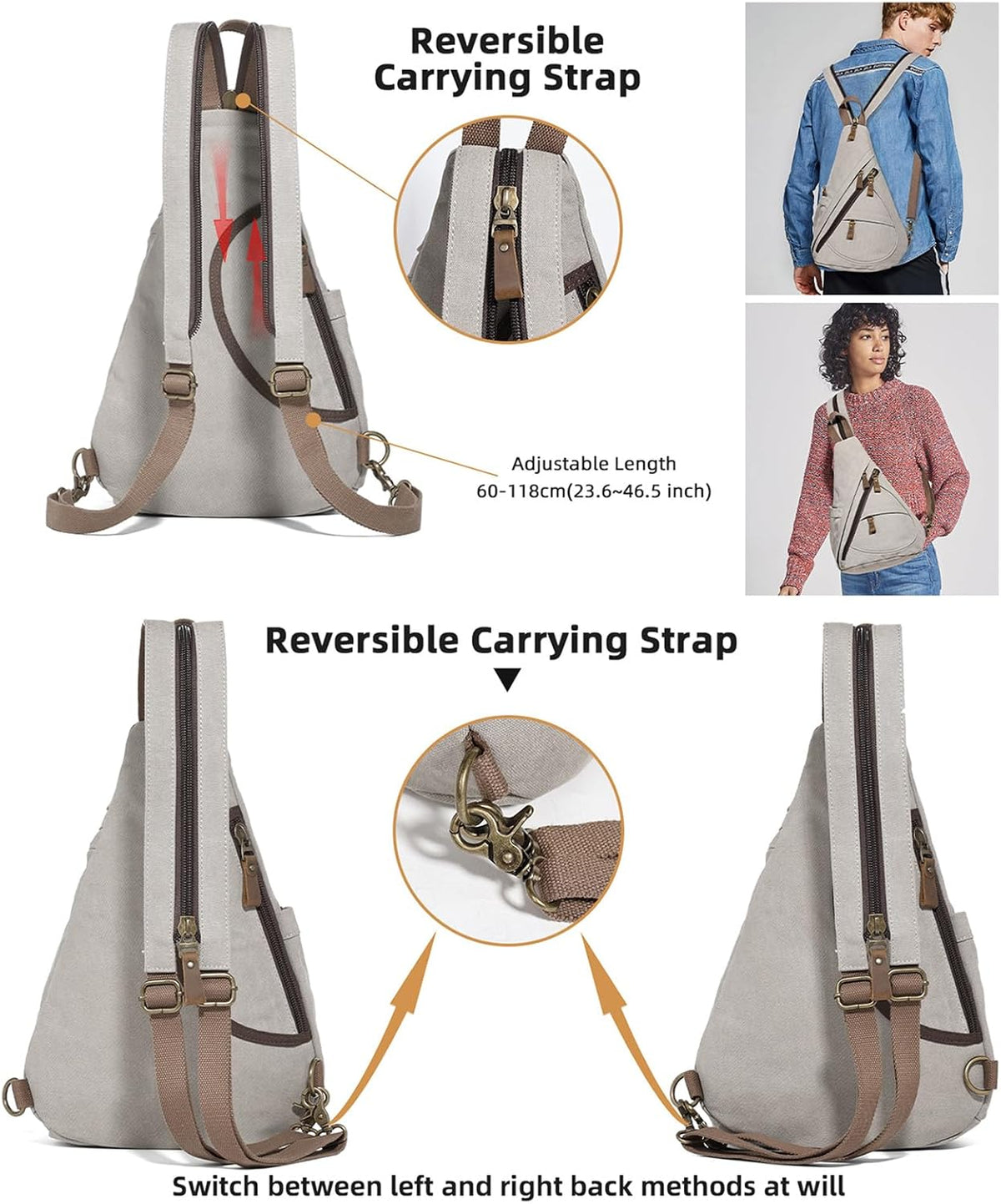 Canvas Sling Bag - Small Crossbody Backpack Shoulder Casual Daypack Rucksack for Men Women(Large Version,Khaki)