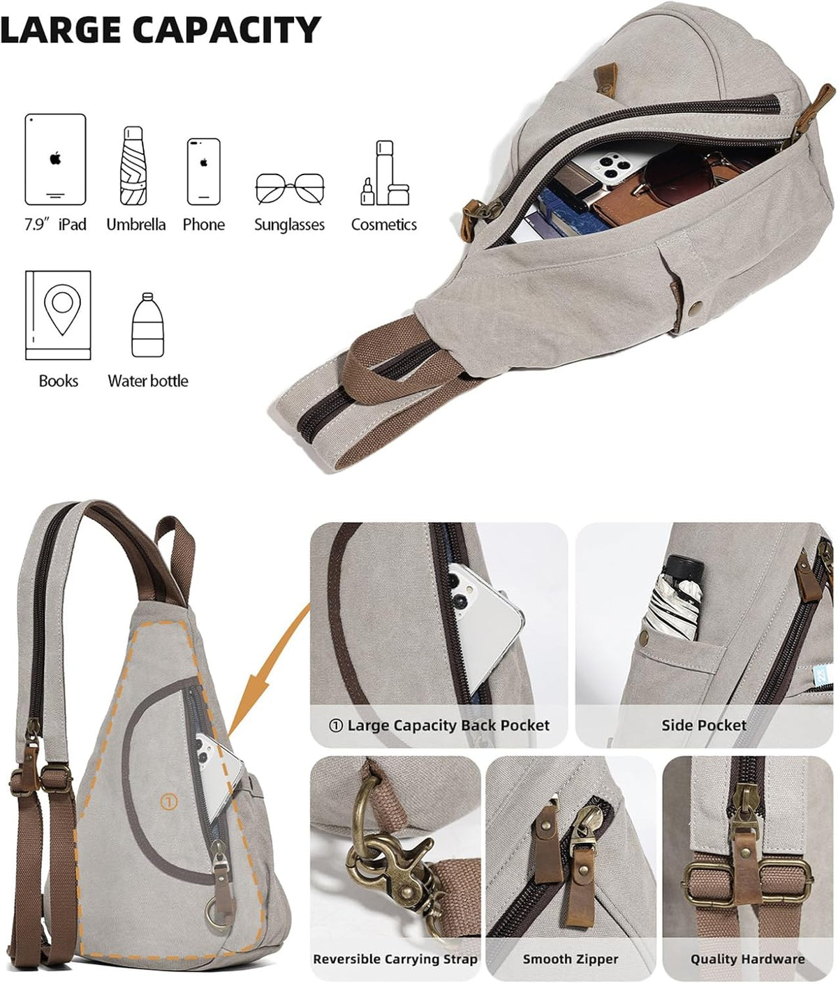 Canvas Sling Bag - Small Crossbody Backpack Shoulder Casual Daypack Rucksack for Men Women(Large Version,Khaki)