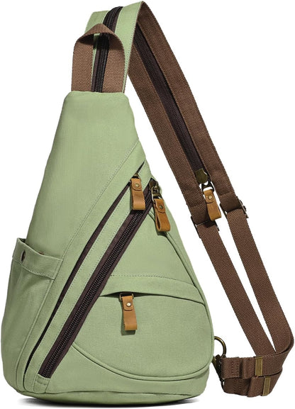 Canvas Sling Bag - Small Crossbody Backpack Shoulder Casual Daypack Rucksack for Men Women(Large Version,Khaki)