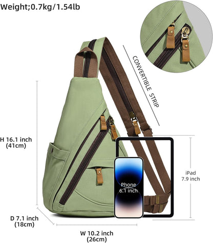Canvas Sling Bag - Small Crossbody Backpack Shoulder Casual Daypack Rucksack for Men Women(Large Version,Khaki)