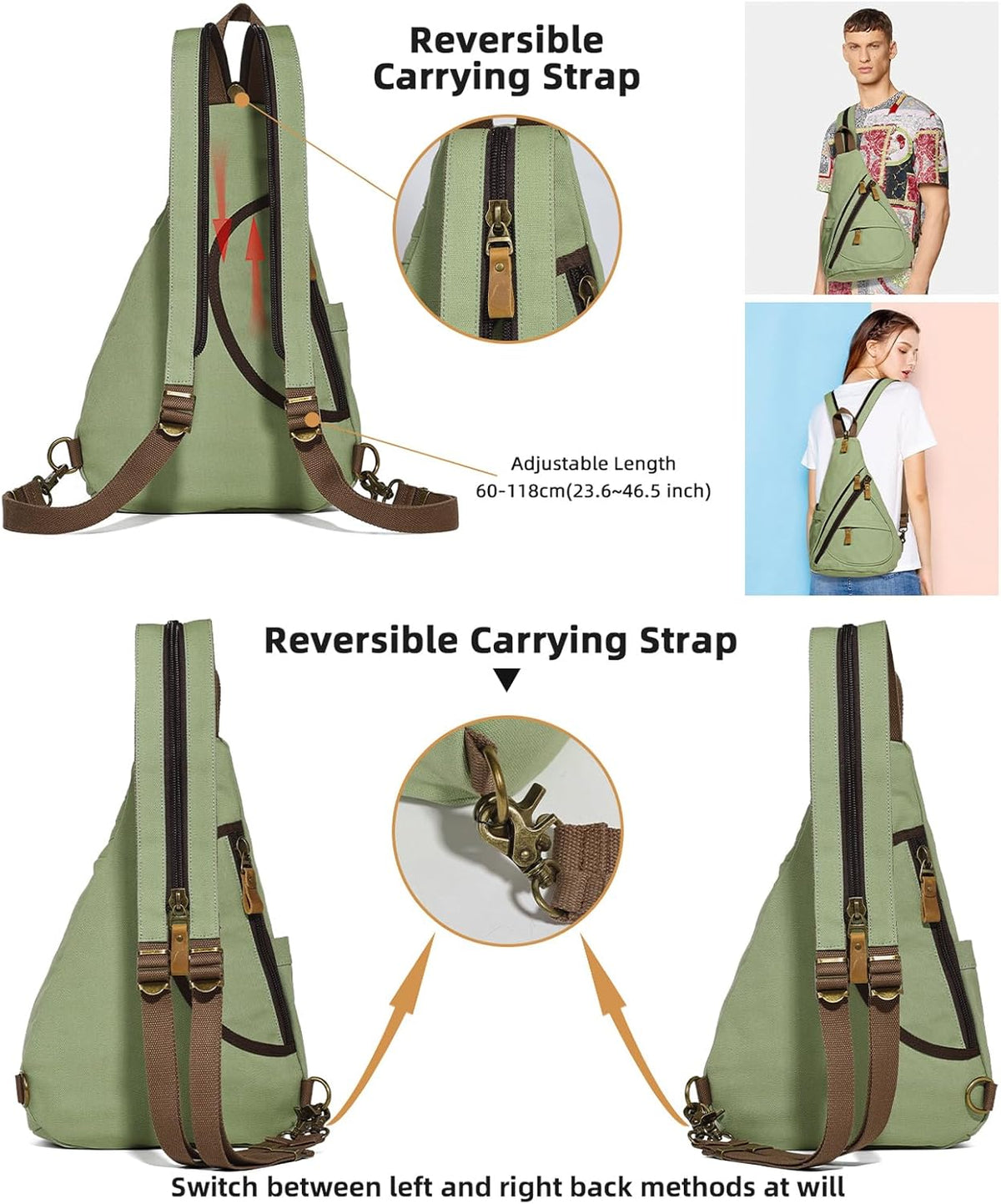 Canvas Sling Bag - Small Crossbody Backpack Shoulder Casual Daypack Rucksack for Men Women(Large Version,Khaki)