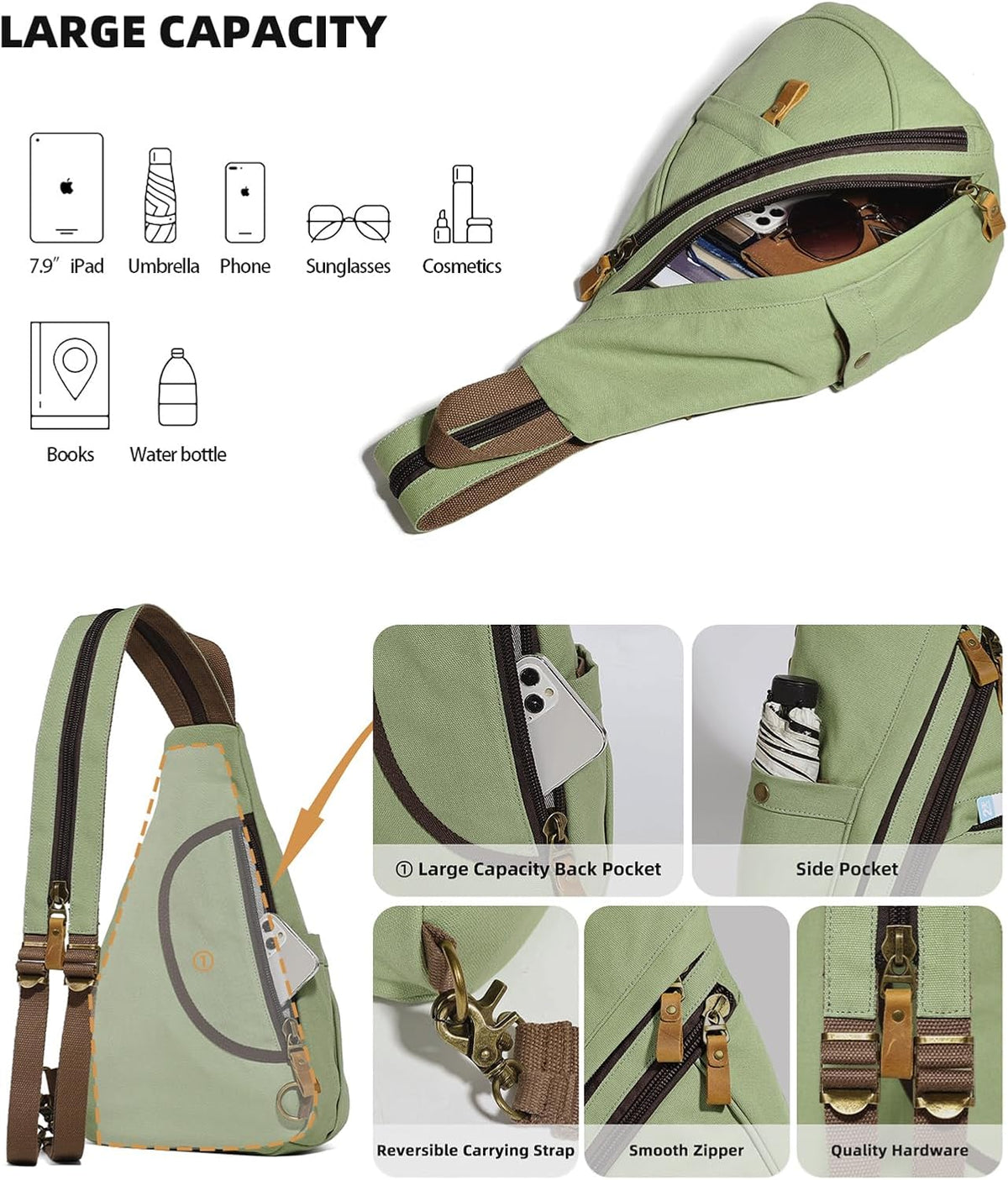 Canvas Sling Bag - Small Crossbody Backpack Shoulder Casual Daypack Rucksack for Men Women(Large Version,Khaki)