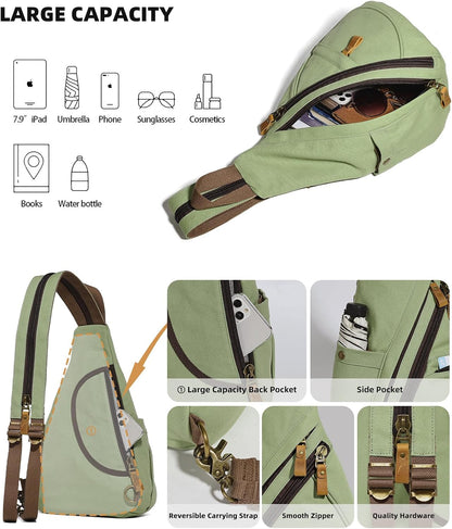 Canvas Sling Bag - Small Crossbody Backpack Shoulder Casual Daypack Rucksack for Men Women(Large Version,Khaki)