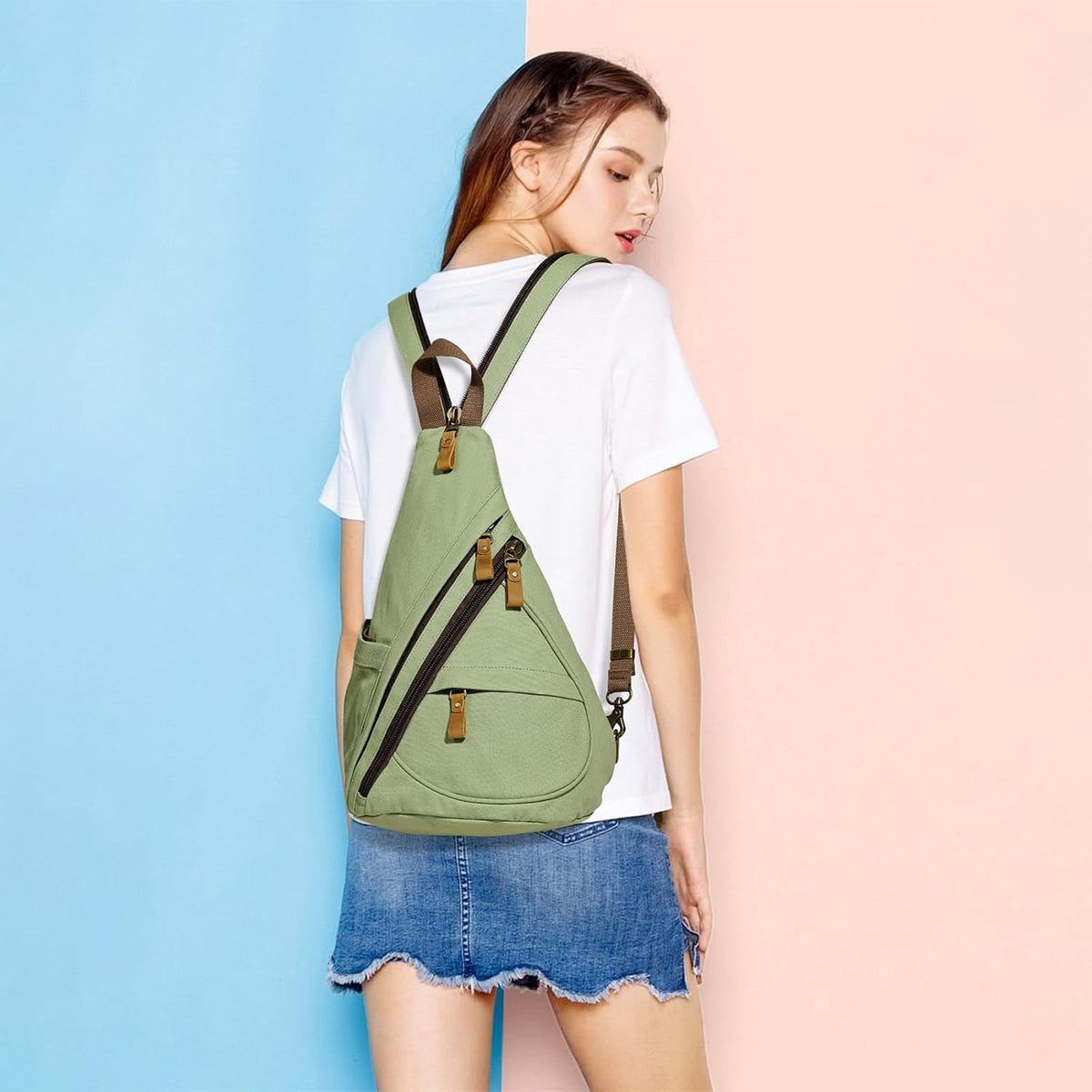 Canvas Sling Bag - Small Crossbody Backpack Shoulder Casual Daypack Rucksack for Men Women(Large Version,Khaki)