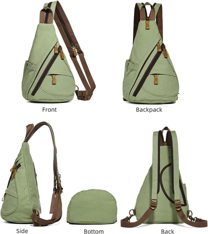Canvas Sling Bag - Small Crossbody Backpack Shoulder Casual Daypack Rucksack for Men Women(Large Version,Khaki)