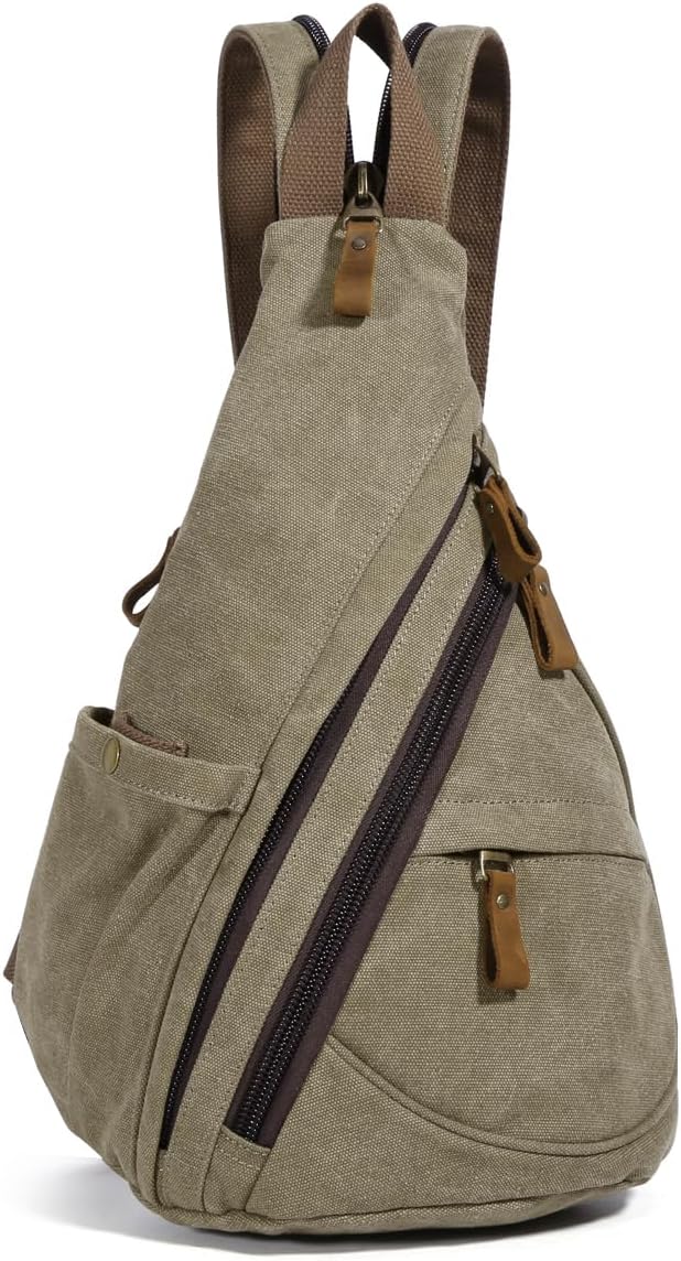 Canvas Sling Bag - Small Crossbody Backpack Shoulder Casual Daypack Rucksack for Men Women(Large Version,Khaki)