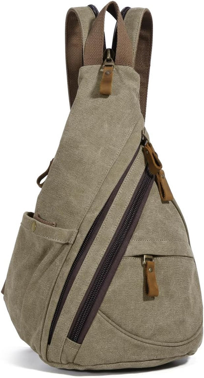 Canvas Sling Bag - Small Crossbody Backpack Shoulder Casual Daypack Rucksack for Men Women(Large Version,Khaki)
