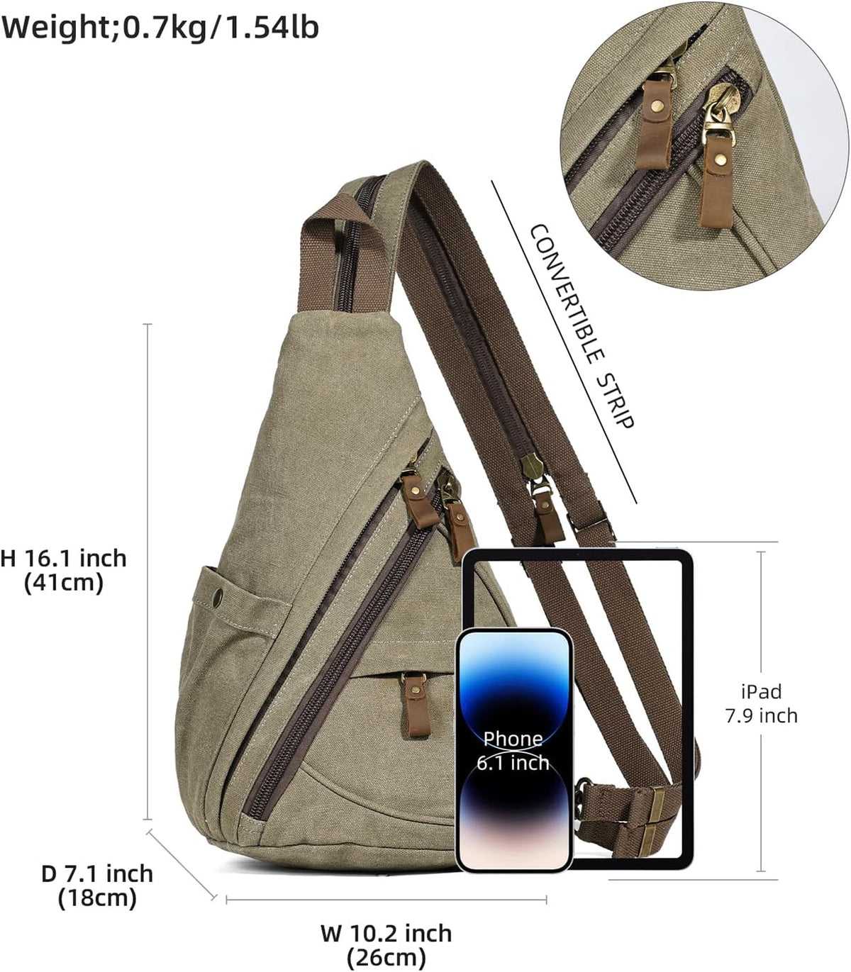 Canvas Sling Bag - Small Crossbody Backpack Shoulder Casual Daypack Rucksack for Men Women(Large Version,Khaki)