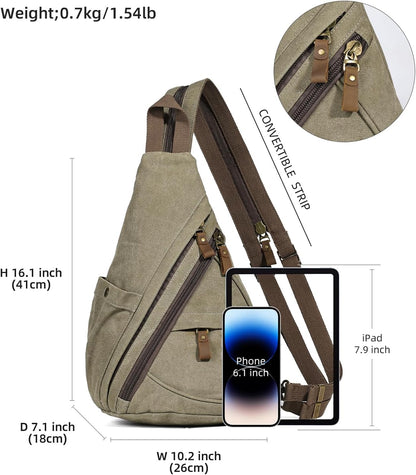 Canvas Sling Bag - Small Crossbody Backpack Shoulder Casual Daypack Rucksack for Men Women(Large Version,Khaki)