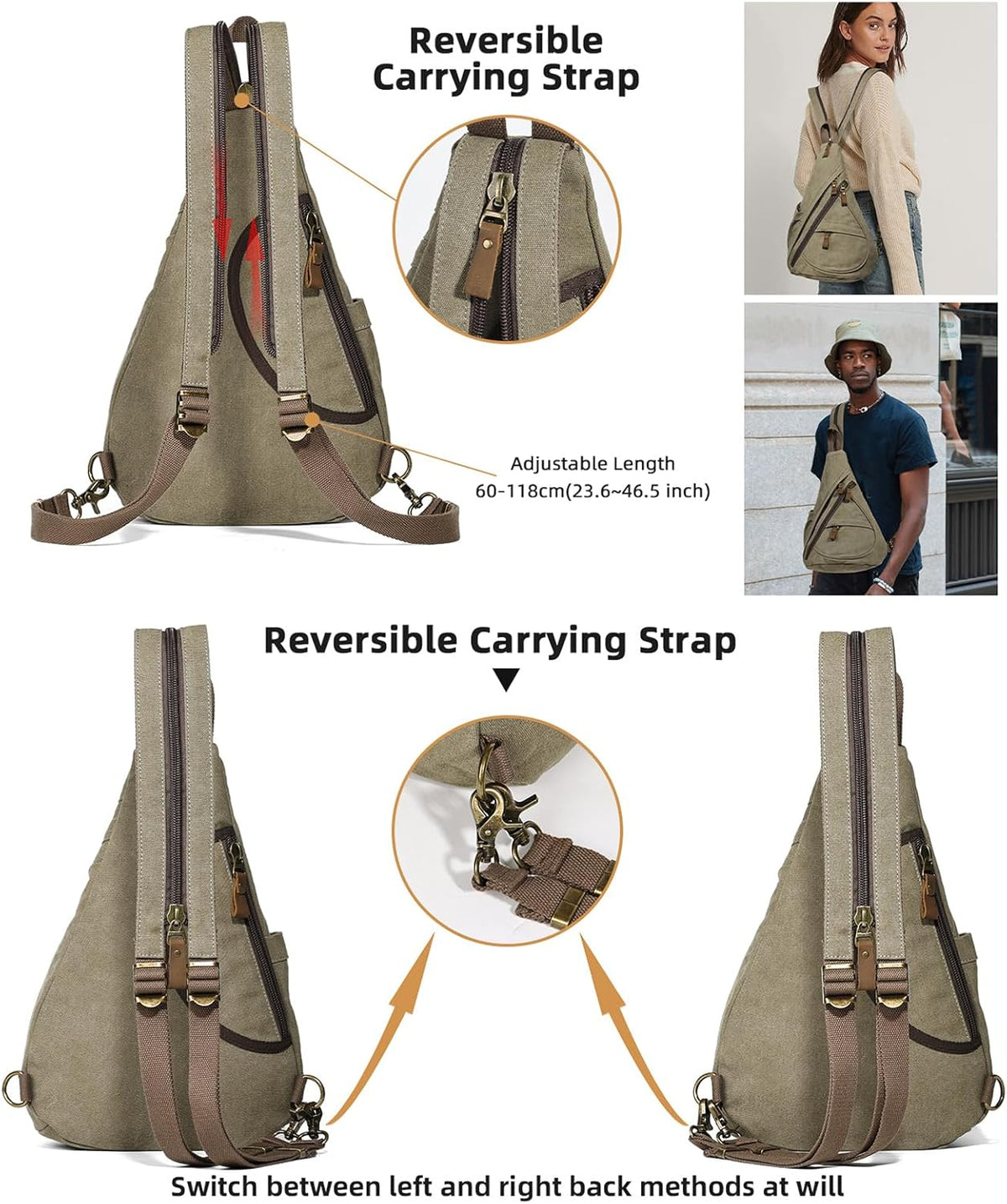 Canvas Sling Bag - Small Crossbody Backpack Shoulder Casual Daypack Rucksack for Men Women(Large Version,Khaki)