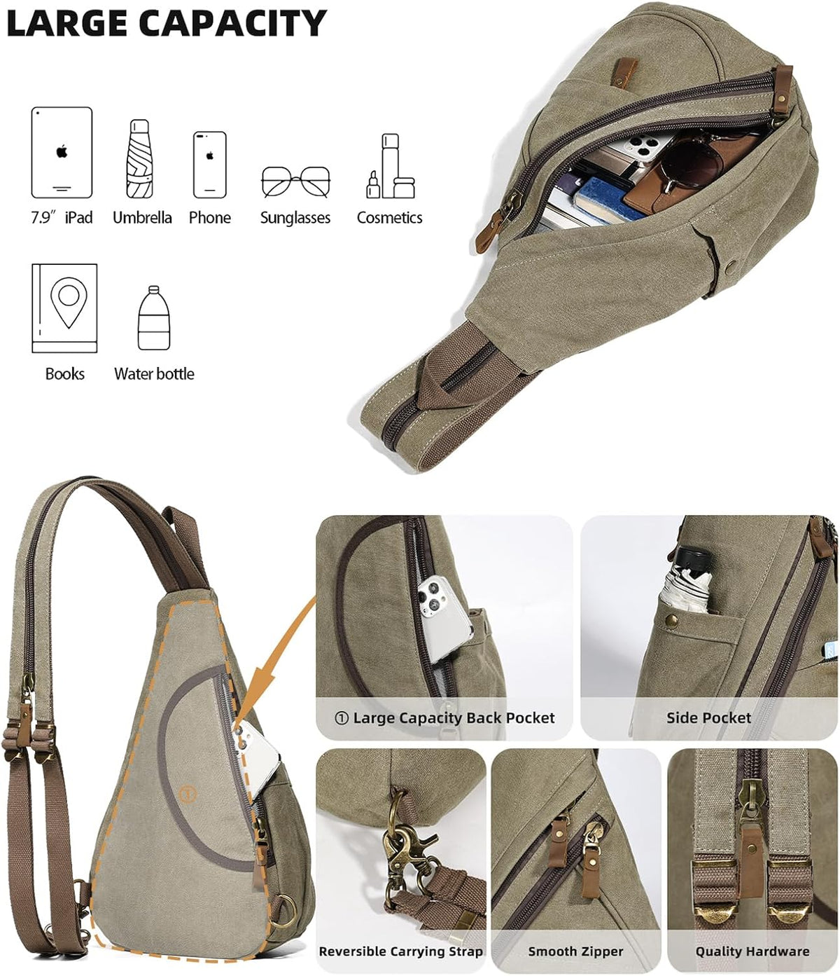 Canvas Sling Bag - Small Crossbody Backpack Shoulder Casual Daypack Rucksack for Men Women(Large Version,Khaki)