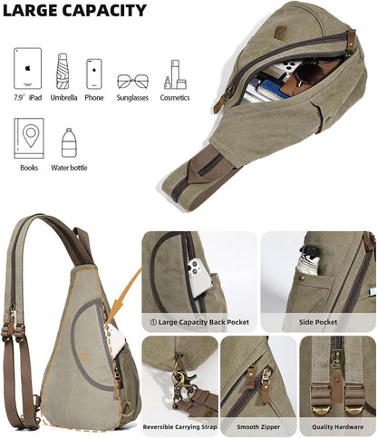 Canvas Sling Bag - Small Crossbody Backpack Shoulder Casual Daypack Rucksack for Men Women(Large Version,Khaki)