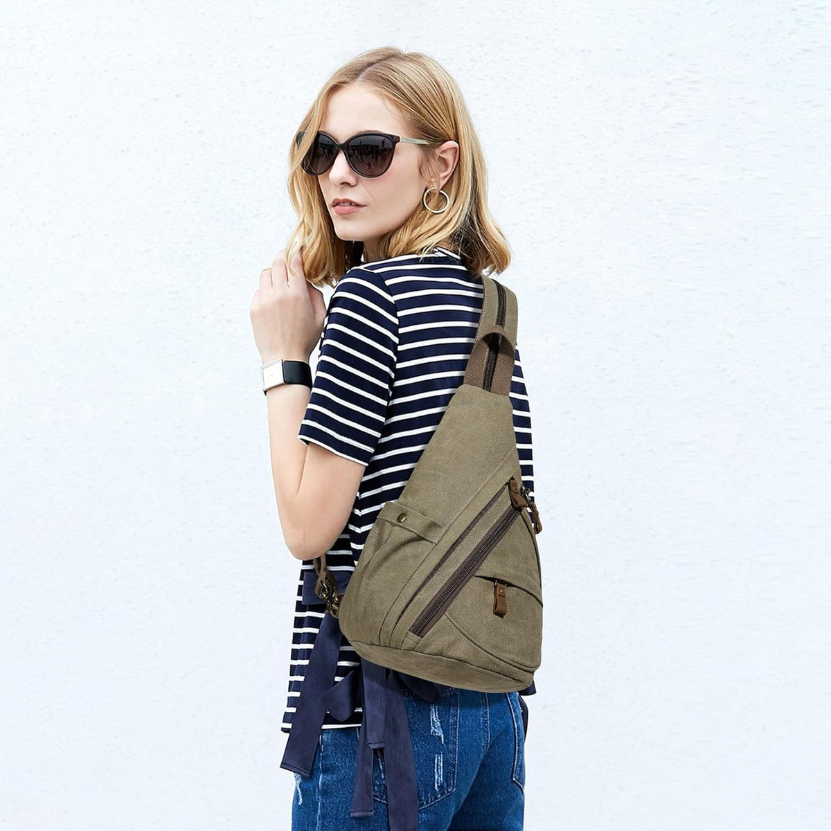 Canvas Sling Bag - Small Crossbody Backpack Shoulder Casual Daypack Rucksack for Men Women(Large Version,Khaki)